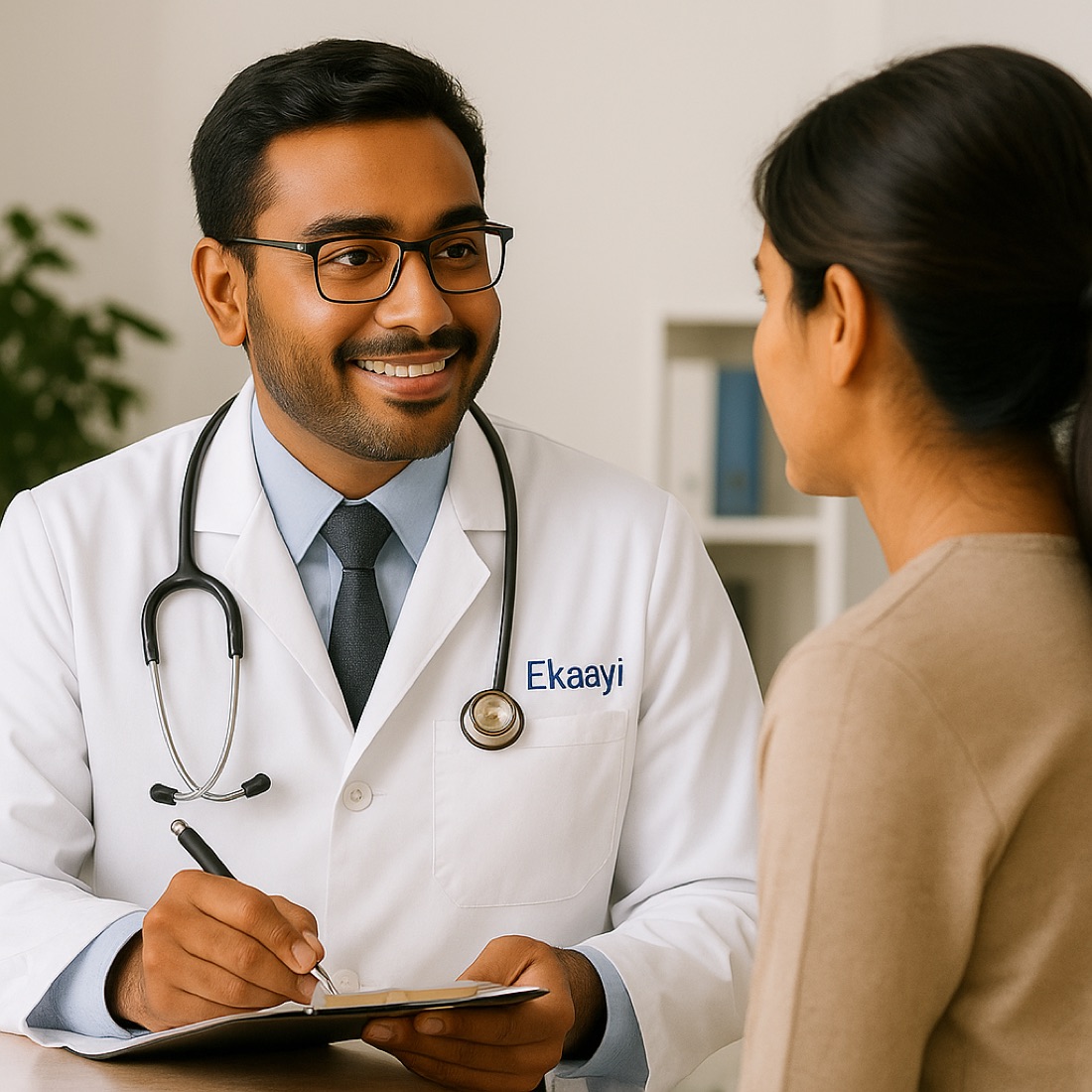 An Ekaayi physician consulting with a patient